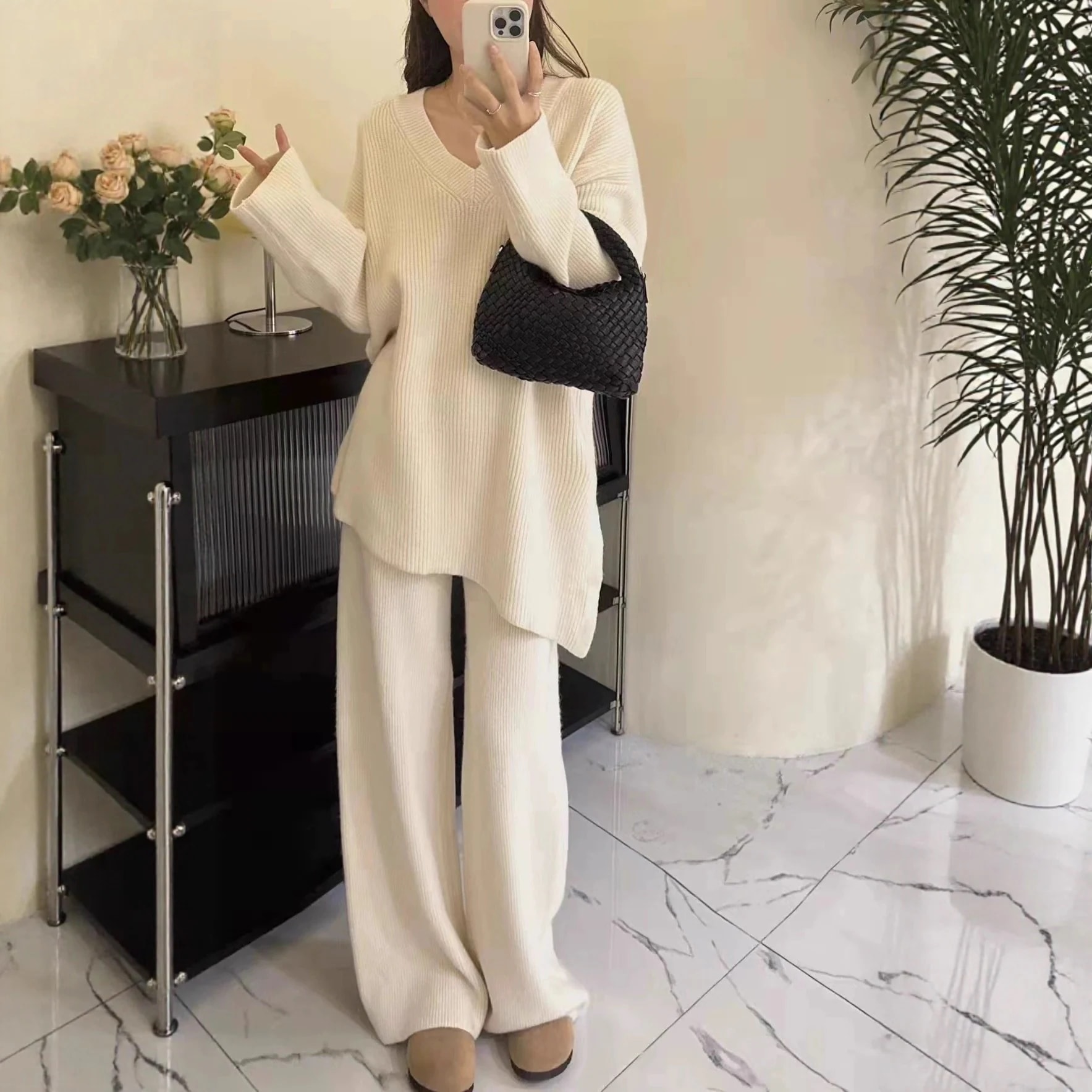 スーツレディース秋冬新作Vネックオーバーサイズニットトップスワイドパンツ2点セットセットアップ