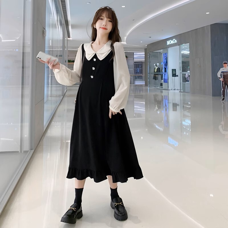 ワンピース マタニティ 授乳口付き レイヤード風 襟付き Vネック パフスリーブ フレア レディース 大人可愛い ママコーデ ママファッション ママ服 マタニティウェア 人気 ゆったり