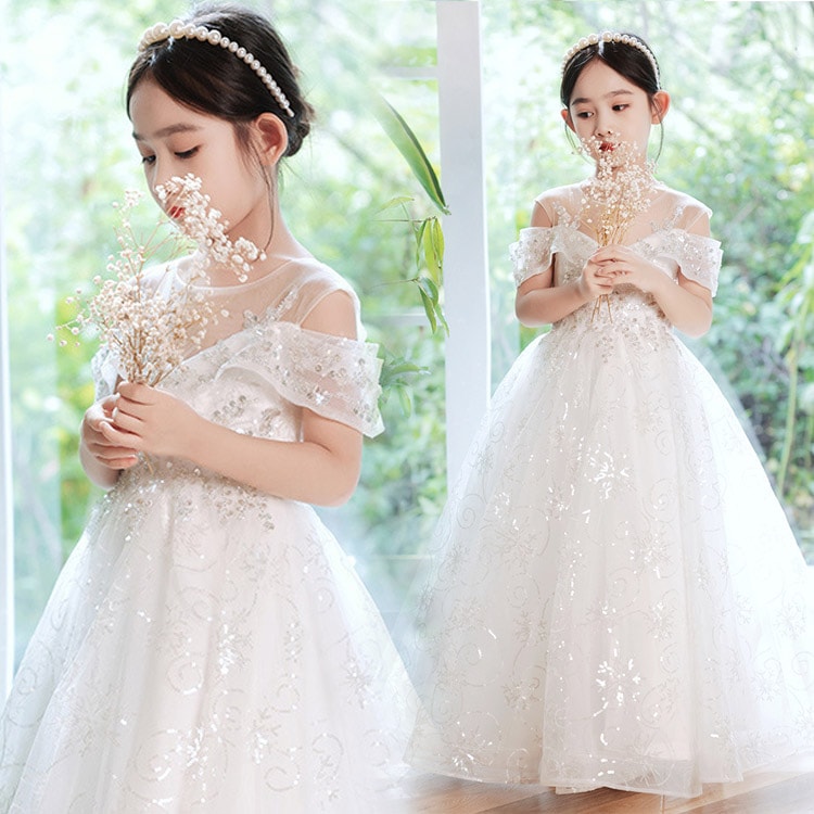 送料無料 子供ドレス 発表会ドレス 白 キラキラドレス スパンコール キレイめ ロングドレス 女児ドレス オフショルダー キッズドレス 女の子 演奏会ドレス フォーマル 七五三ドレス 100160cm