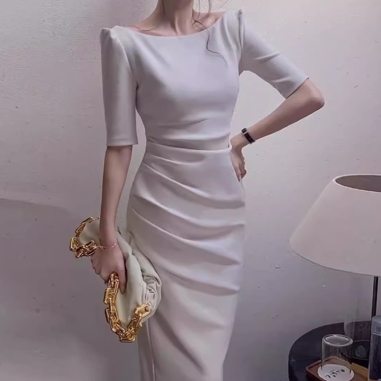 ドレス ワンピース ウェディング パーティー 結婚式 二次会 披露宴 演奏会 発表会 ステージ 舞台 フォーマル 衣装 ミモレ 半袖 ラウンドネック タイト スリム 細身 Iライン スリット