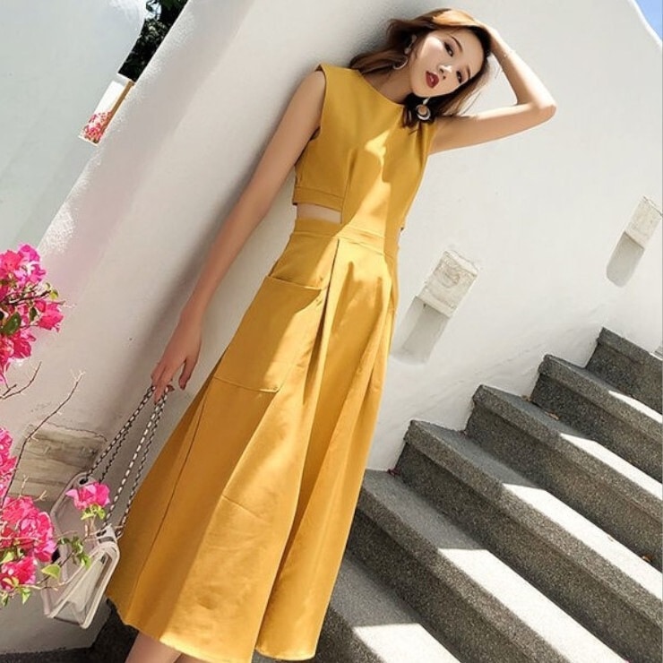 ワンピース レディース プルオーバー フレアスカート フレアワンピース ワンピドレス ひざ丈 ミディアム丈 袖なし ラウンドネック 襟なし フレア スリム 細身 Aライン ハイウエスト ファスナー