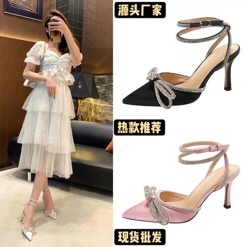 ラインストーンスティレットサンダルレディースニュークリスタルワードとフェアリースタイルのピンクのリボ