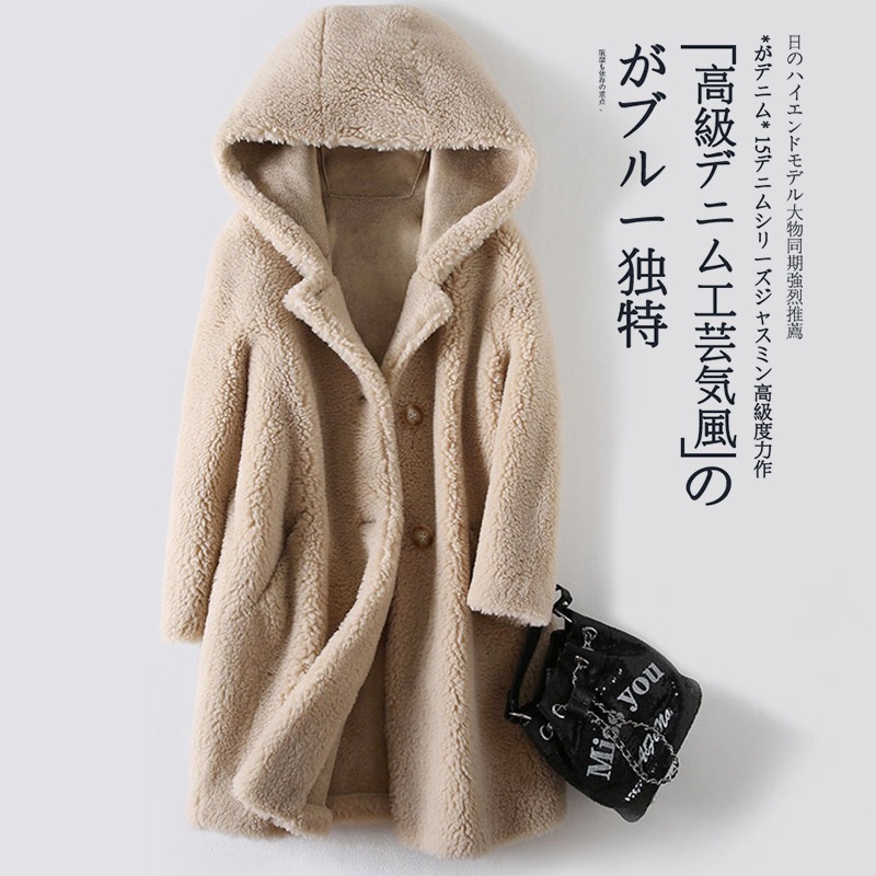 2024 冬の新羊シアーコート女性のフード付きラムファーコートミッドレングスの毛皮統合