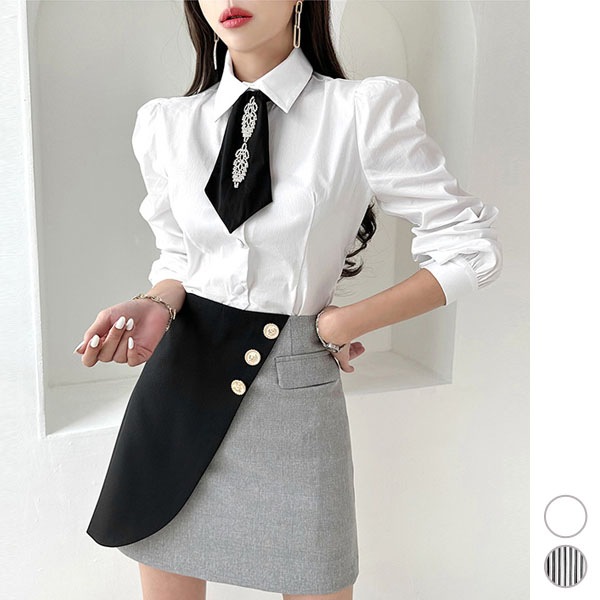 ブラウス レディース トップス シャツ 長袖 ボウタイ タイ タイト パブスリーブ 配色 ショート丈 上品 きれいめ おしゃれ 春 秋 韓国 to26993