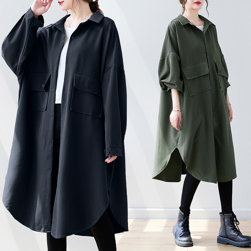 トップス シャツ ブラウス ロング ロング丈 袖あり 長袖 ボリューム袖 ドルマンスリーブ 襟付き ポロカラー ワイド Aライン 前開き ポリエステル かわいい きれいめ シンプル カジュアル 大人