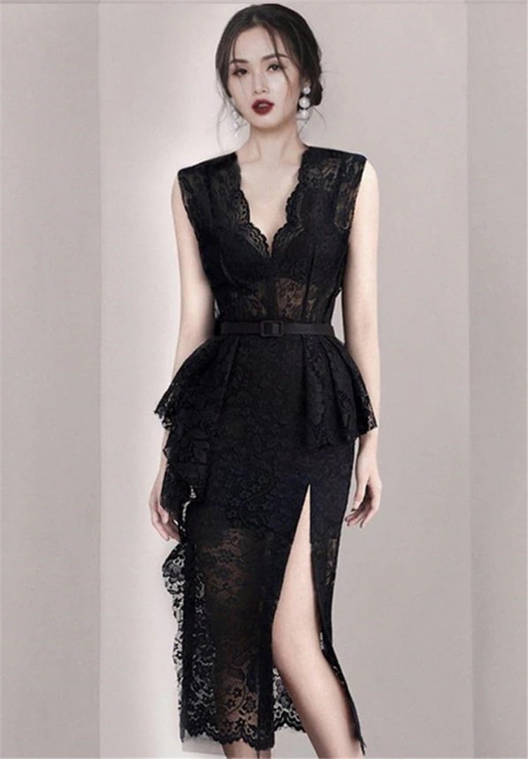 本日先取りセール早い者勝ち 結婚式 ハイウエスト セクシー スプリット シン 快適である レース 長袖 ワンビース フレンチスタイル 気質 宴会場 袖なし スリム