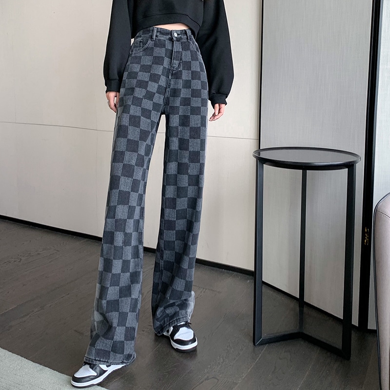 ボトムス レディース パンツ ロング ハイウエスト 足長 美脚 こなれ感 カジュアル 古着 チェック チェッカー かっこいい かわいい キュート ガーリー ブルー 青 ストリート きれいめ 大人