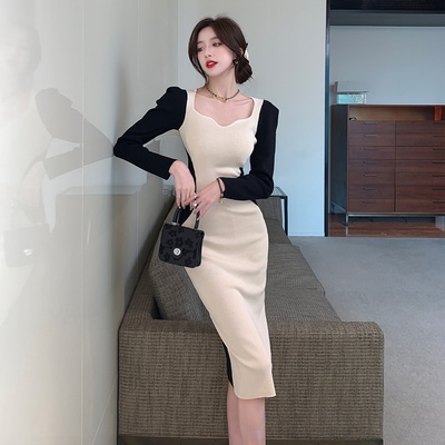 ワンピース 膝丈 ひざ丈 膝下 袖あり 長袖 スクエアネック スリム タイト 細身 切り替えデザイン 伸縮性 かわいい 大人可愛い おしゃれ お洒落 かっこいい 個性的 クール モード系 セクシー