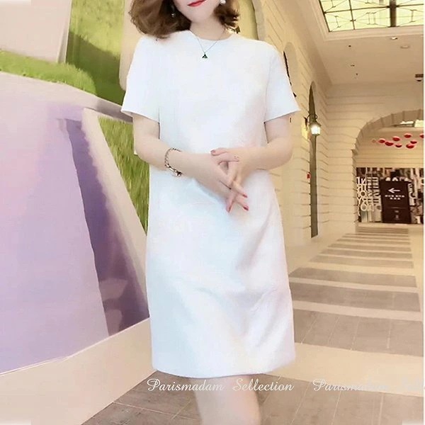 【NEWカラー追加】ホワイト上品ワンピース　浮き柄　プリント　ストレートライン　半袖　ひざ丈　ほっそり効果大 20代30代40代50代60代　ミセス 7,248円