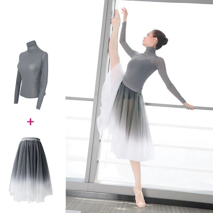トップスチュニックバレエダンス 演出用 バレエ形体服 トップス/スカート 大人 上下セット グレー 長袖 練習着 練習服 体操服 楽天海外通販 バレエ用品 2点セット ヨガ服 バレエ