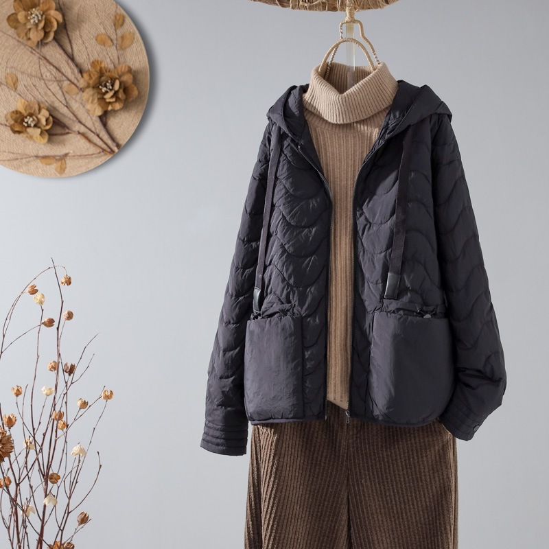 女性用レトロレースアップフード付きダウンジャケットゆったりスリムで軽いホワイトダックダウンジャケット女性用暖かいトップス