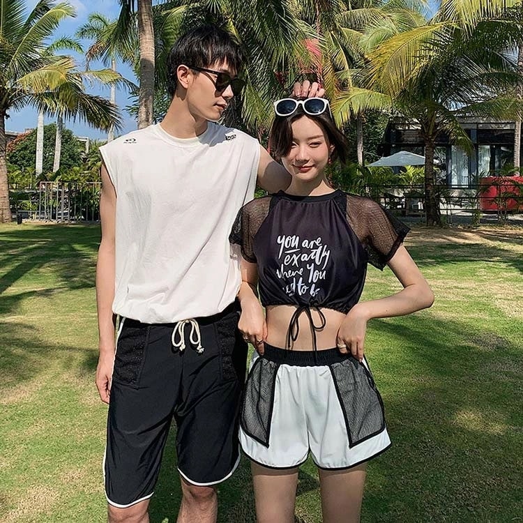 黒 青 ペア 水着 ペアルック カップル 水着 おそろい お揃い 水着 レディース 水着 黒 ブラック セパレート パンツ キュロット 体型カバー 水着 メンズ 水着 サーフパンツ ビーチパンツ カ