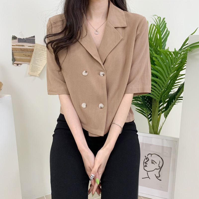 リネン ダブルボタン レディース ジャケット 上着 ショート クロップド丈 半袖 フェミニン コンサバ 薄手 麻 かわいい 大人可愛い きれいめ シンプル カジュアル 上品 おしゃれ かっこいい