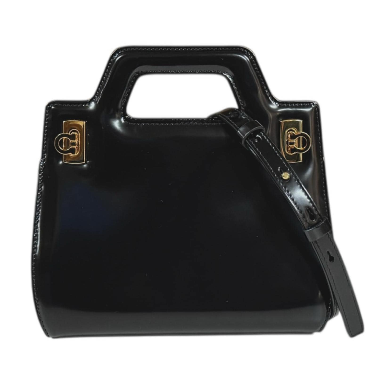 サルヴァトーレフェラガモ ワンダミニ ショルダーバッグ パテントレザー 21 3485 ブラック Salvatore Ferragamo 中古 美品