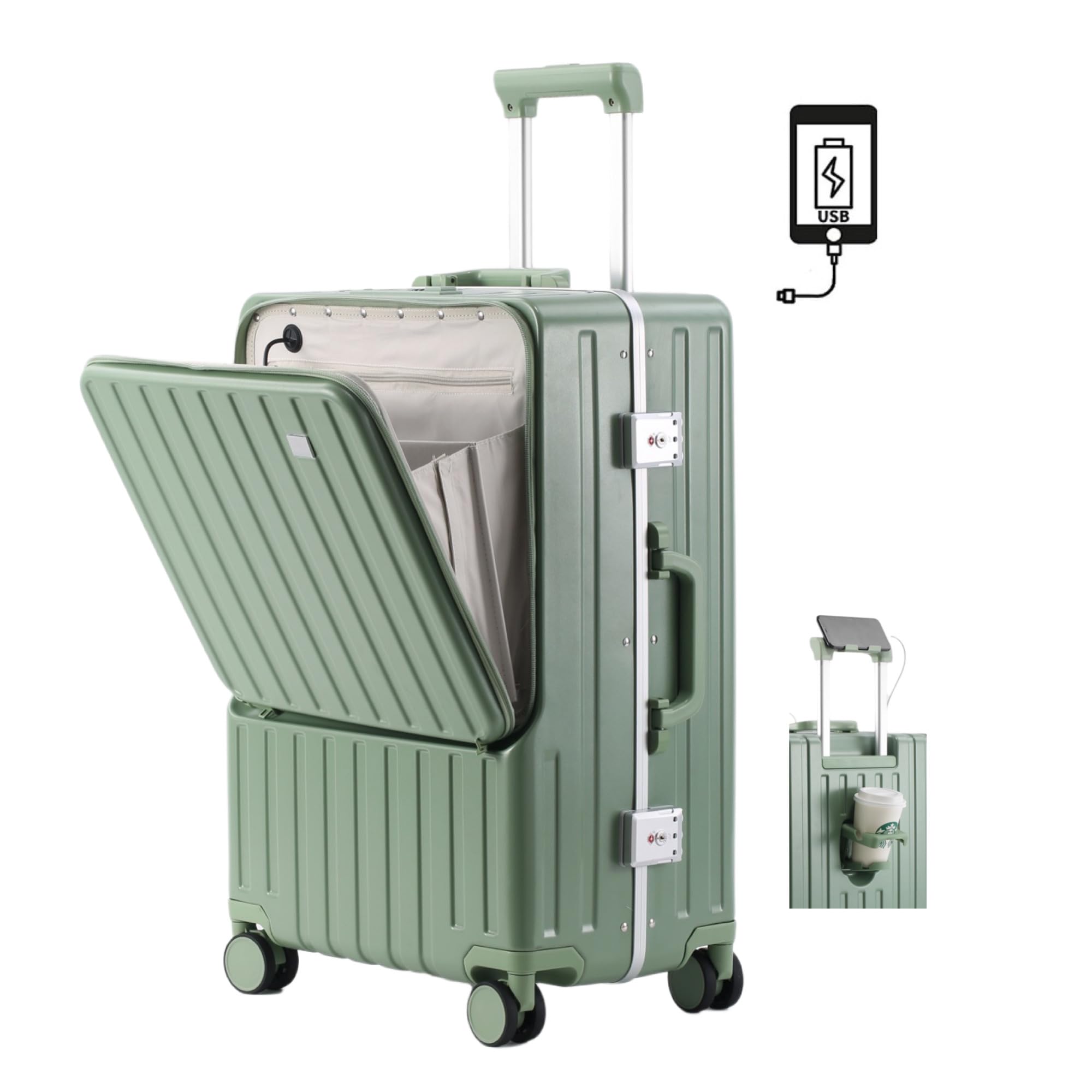 [Yuweijie] スーツケース フロントオープン 機内持ち込み usbポート付き キャリーケース かわいいキャリーバッグ カップホルダー付き アルミフレームタイプ ハード 前開き 荷物フック 携帯