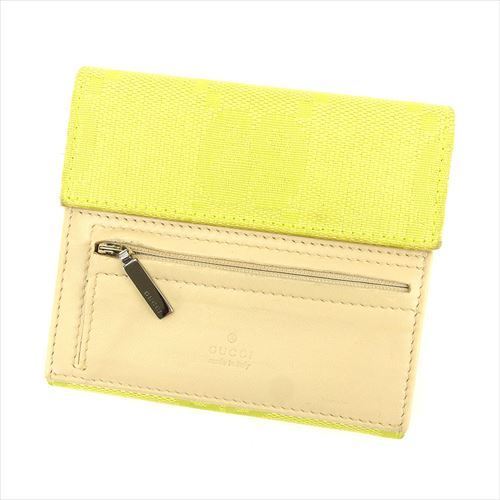 三つ折り 財布 ファスナー付き GGキャンバス イエロー ベージュ シルバー 中古