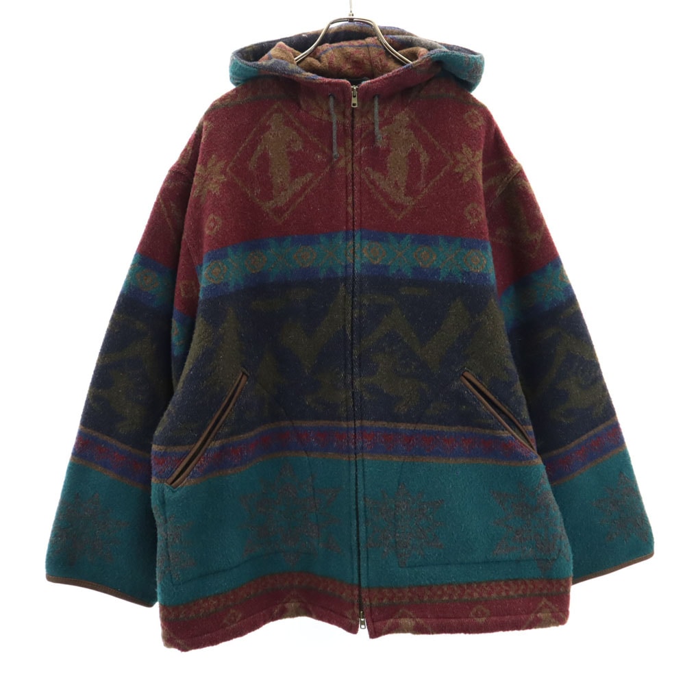 80s ポルトガル製 ウールブレンド ヴィンテージ ノルディック柄 パーカー L ワインレッド 他 メンズ