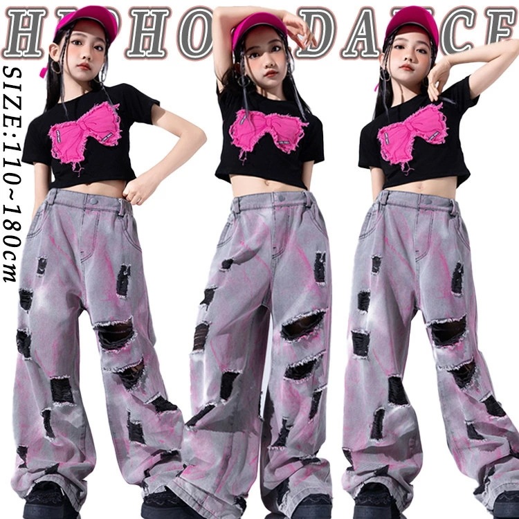 韓国 jazz ブラック トップス グレー デニムパンツ ダメージ加工 キッズ ダンス衣装 セットアップ おしゃれ 女の子 かっこいい かわいい ゆったり 半袖 へそ出し ヒップホップ ジャズダンス