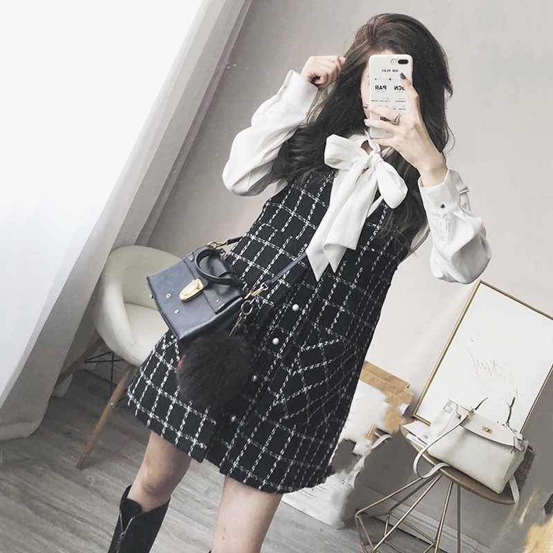 2点セット セットアップ レディース 春秋 オシャレ 蝶結び チェックスカート 新作 カジュアル き