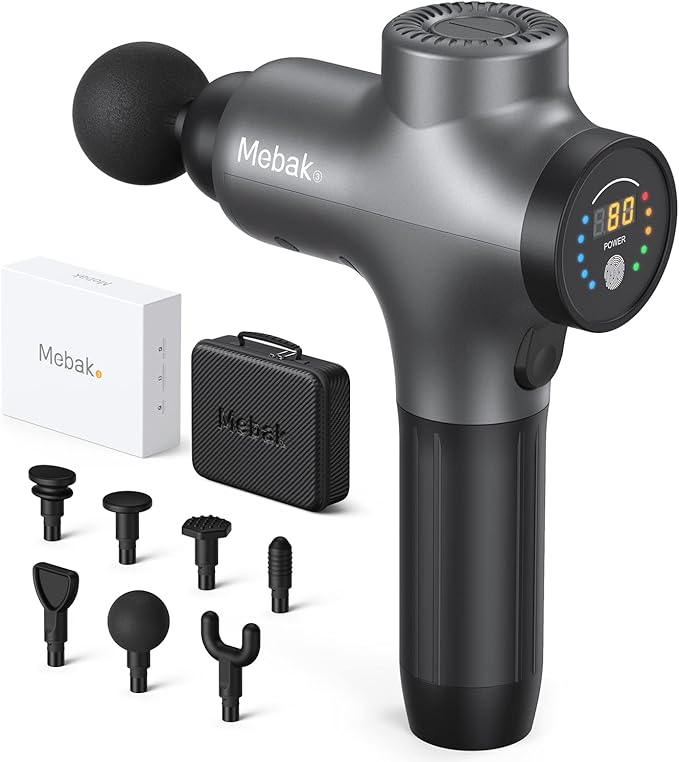 Mebak 3 筋膜リリースガン バッテリー交換可能 圧力センサー搭載 5段階振動レベル LCDタッチスクリーン搭載 7種類のアタッチメント 収納ケース 日本語取扱説明書付き 一年間メーカー保証（グレ 8,100円