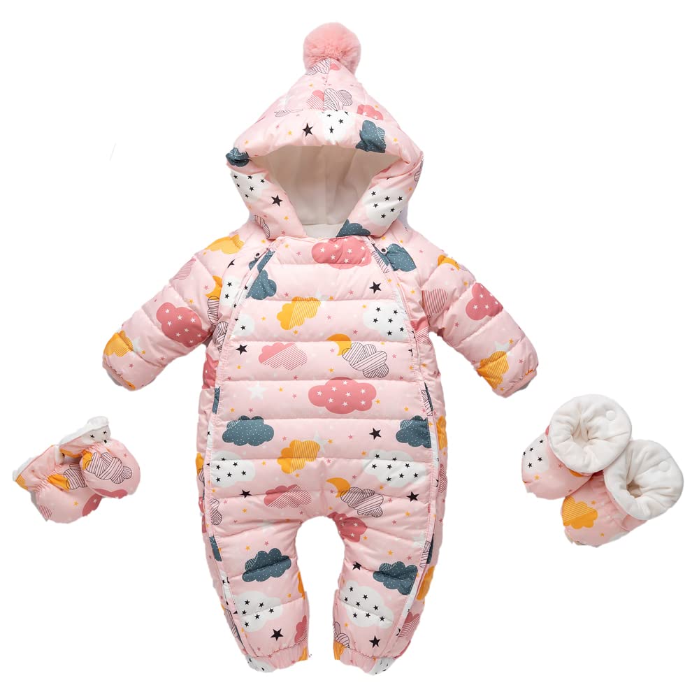 [Reegoo Peter] ベビー服 ジャンプスーツ カバーオール 長袖ロンパース ダウンコート フード付き 防寒 秋冬用 男の子 女の子 ピンク 73 6-9ヶ月