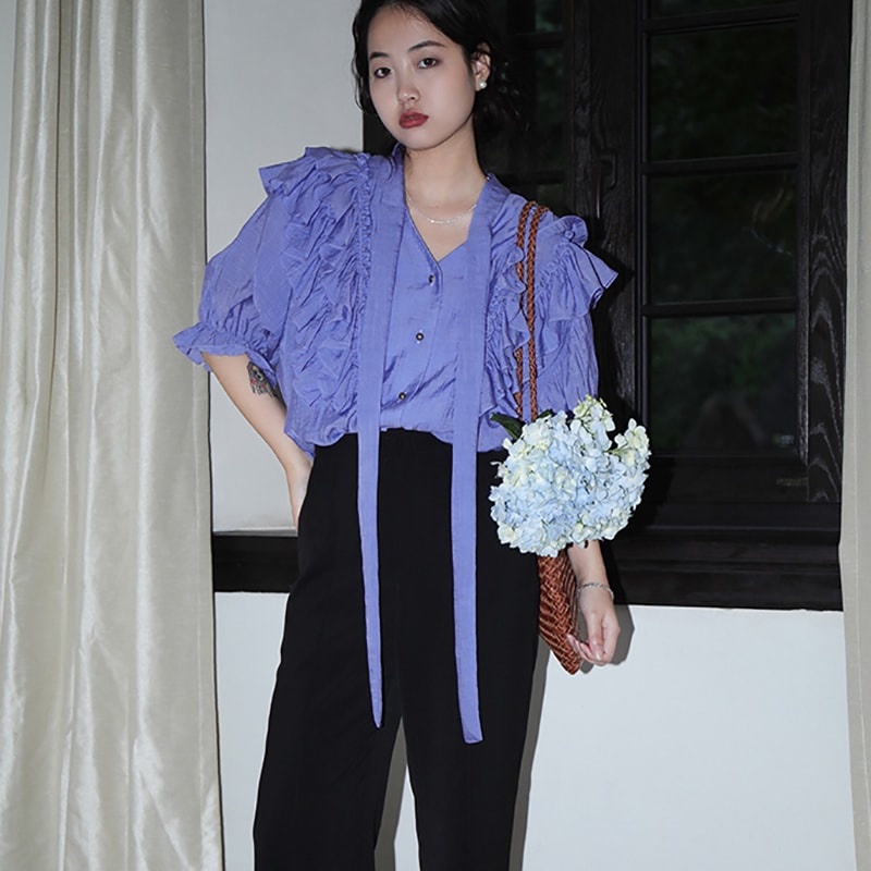 フリルブラウス 長袖/半袖 ボリューム リボンブラウス 紫 Vネックトップス オフィス デート服 シャツ