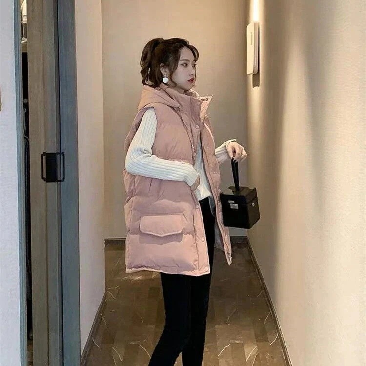 ウォームフード付き綿チョッキコート 新型綿ベスト女性秋冬ロング丈綿ジャケットゆったり