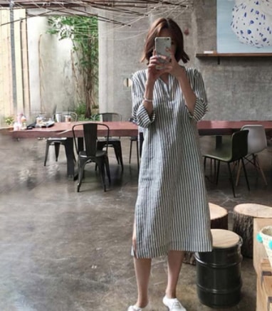 ストライプ柄シャツワンピ―ス ロング丈 袖あり 綿 ワンピース爽やか 大人スタイル 大人可愛い きれいめ シンプル カジュアル 大人 上品 おしゃれ かっこいい レトロ アジアン 大人可愛い 大人女子