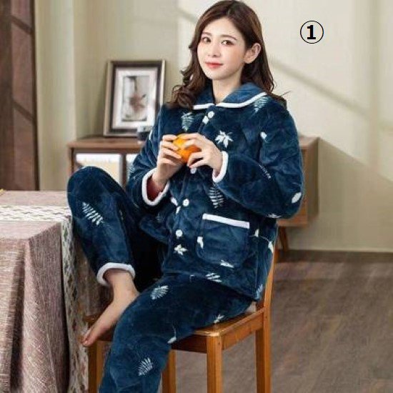 【取寄：納期2週間】ルームウェア レディース パジャマ キルティング ポケット フロントボタン 前開き 襟あり 長袖長ズボン 厚手 冬 暖かい フランネル ホームウェア おうち服 部屋着 寝巻きルームウェア