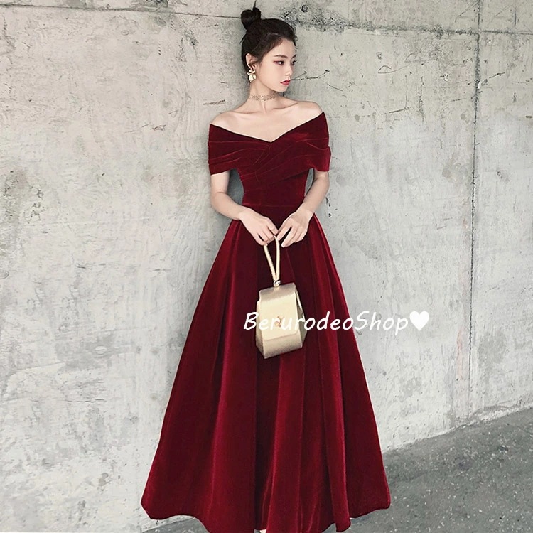 イブニングドレス ベロア ベルベット 黒 ワイン赤 発表会ドレス オフショルダー ロングドレス Vネック 結婚式ドレス 二次会ドレス ワインレッド ロング丈 ミモレ丈 お呼ばれドレス 無地 S M L