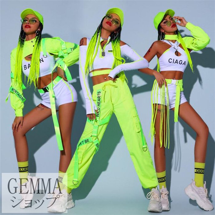 大人ダンス衣装 レディース カッコいい グリーン 団体服 舞台衣装イベント JAZZ ヒップホップ