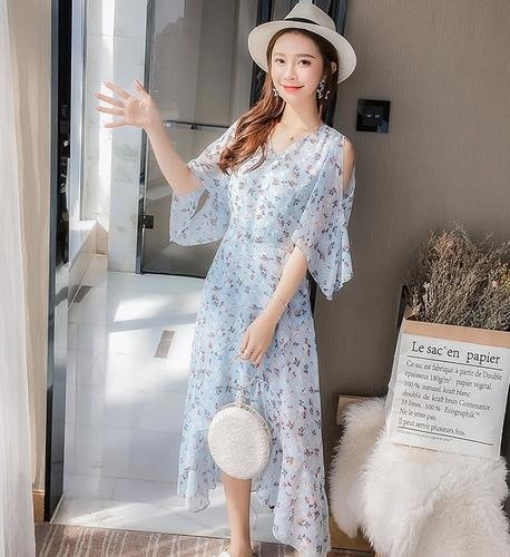 1252．花柄オープンショルダーシフォンワンピース（ブルー）