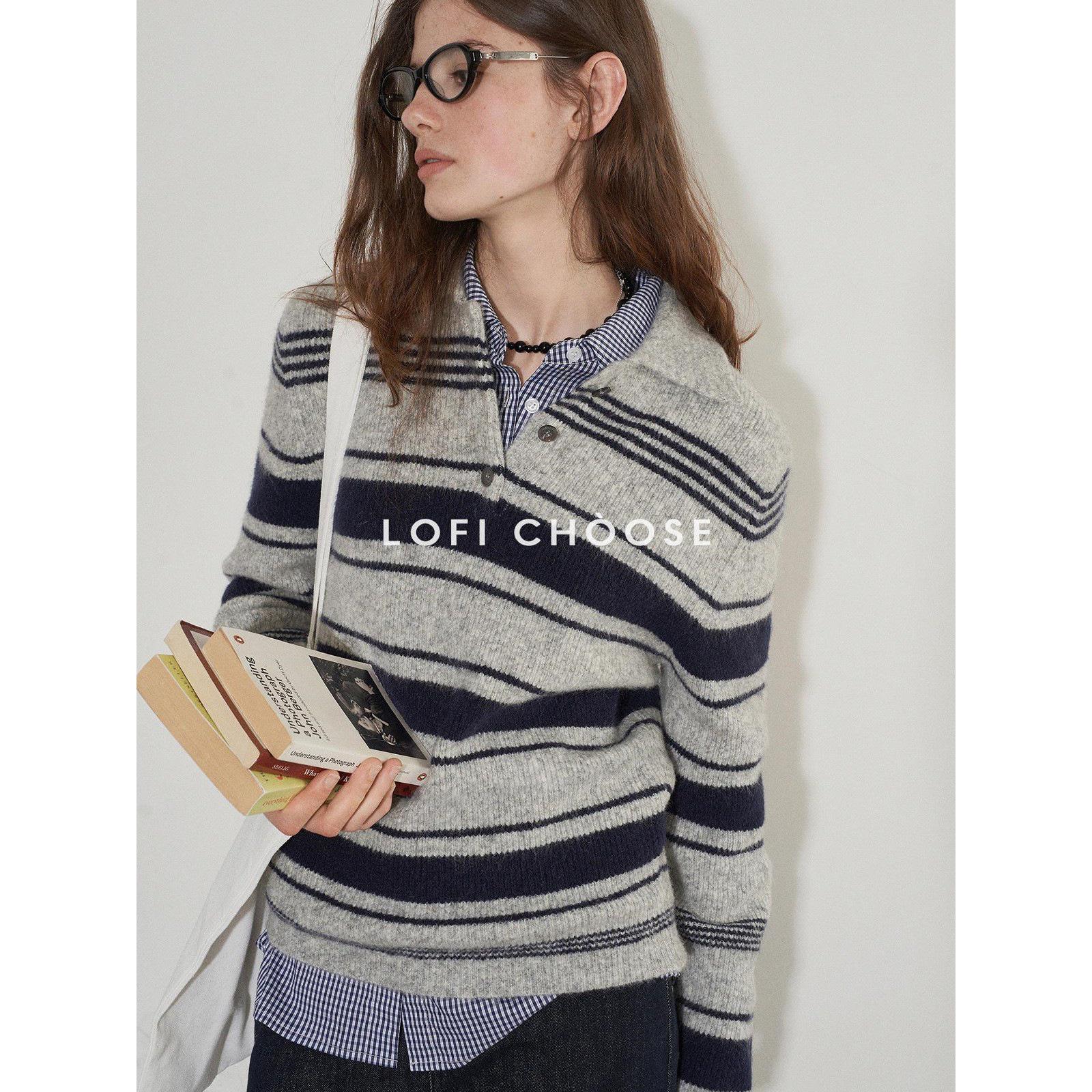 gifts for women keep warm ストライプポロネックニットセーターレディース秋の新シンプルルーズオールマッチ長袖トップ