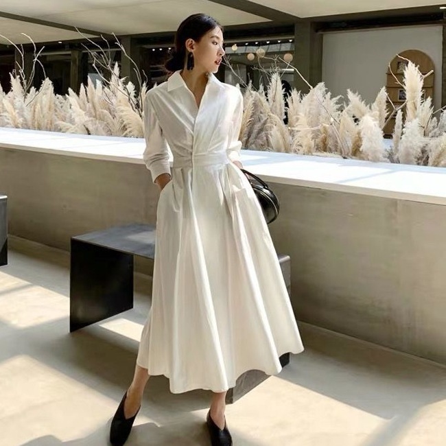 ワンピース 長袖 春夏 きれいめ シャツワンピース ミモレ丈 ロング丈 Vネック 襟付き フレア Aライン ウエストマーク ハイウエスト 色展開 ホワイト S M L かわいい 大人可愛い きれいめ 9,533円