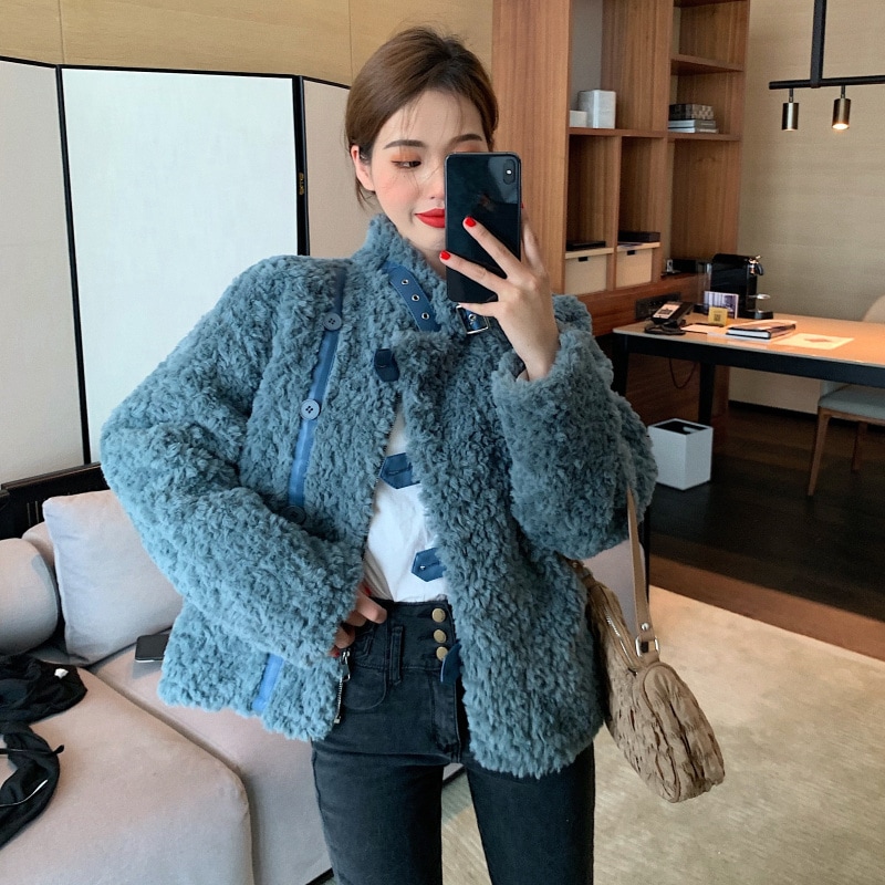 【送料無料】レディース ラムウールコート スタンドアップカラー ルーズ ショート カーディガン