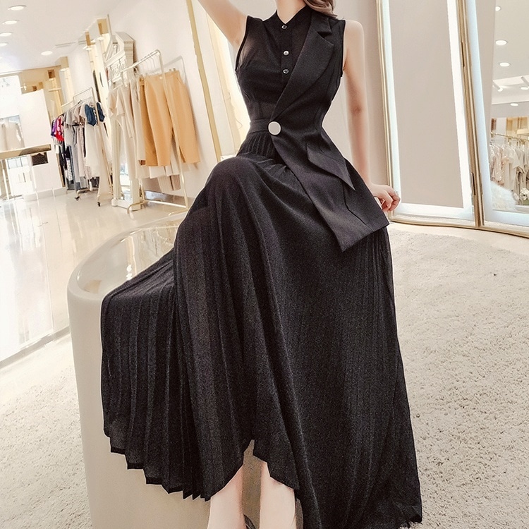 レディース ワンピース ワンピドレス ロング丈 ノースリーブ 長袖 スリム プリーツ 透け感ドレス