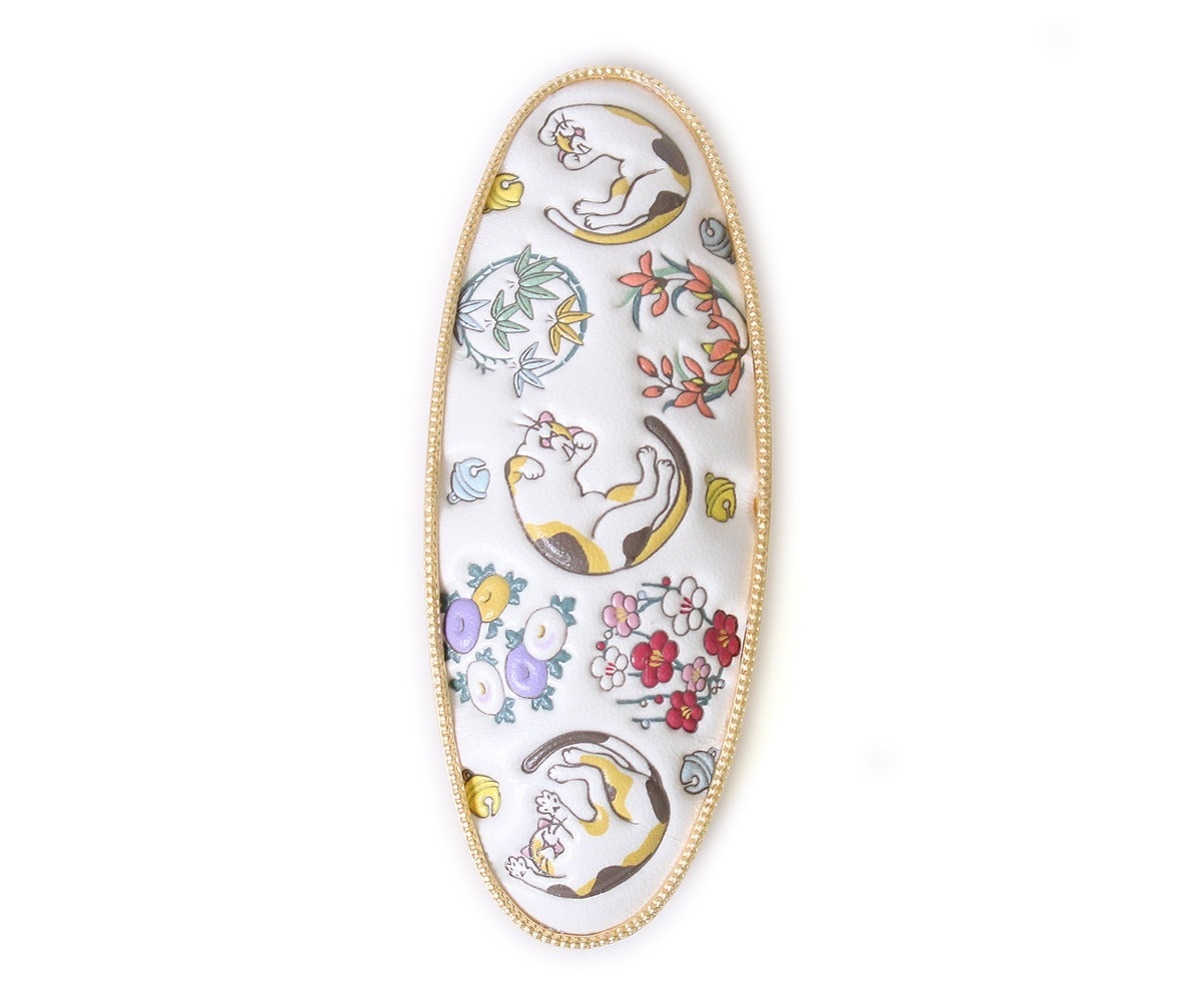 友禅染 バレッタ 猫 ねこ 柄 ヘアークリップ 髪留め アクセサリー 浅草 文庫革 江戸小紋 レザー 本革 ネコ