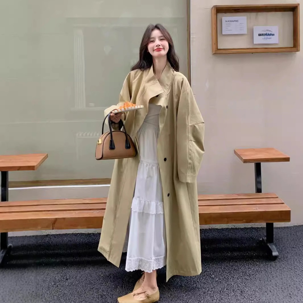 韓国系雰囲気感トレンチコート女性早春新高級感レトロ怠惰風立襟ロングコートメガ割ワンピースパンツトートバッグ