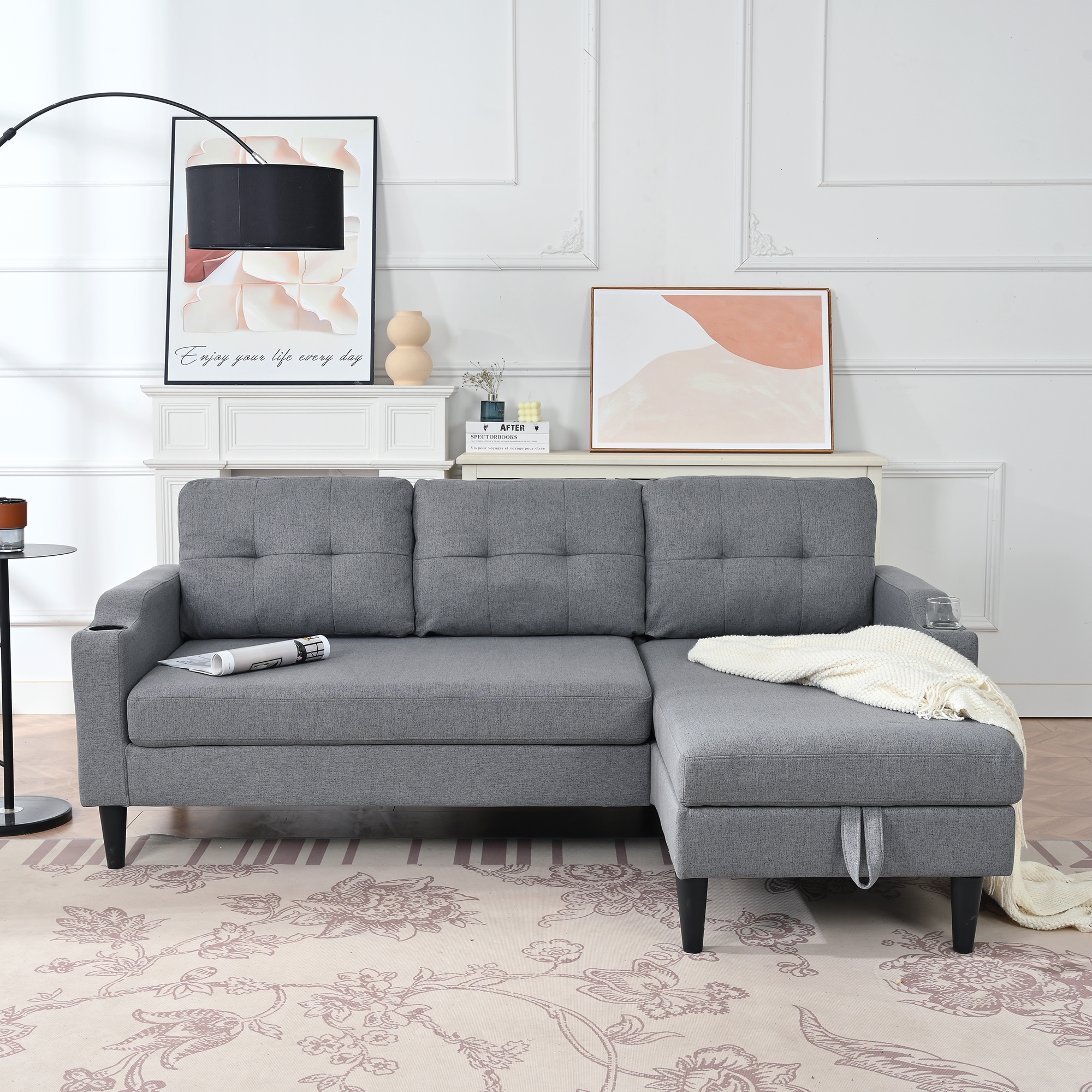 プルアウトベッドリビングルームの収納シェーズ付きL字型断面ソファとセクショナルスリーパーソファ