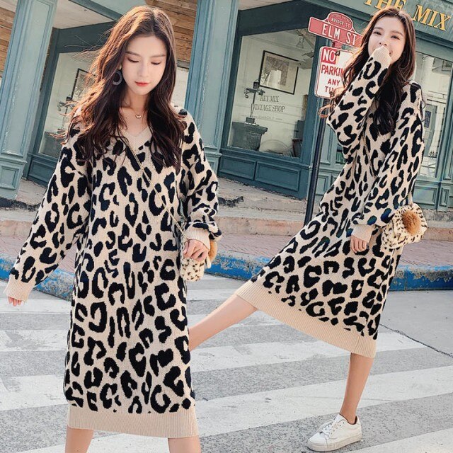 ワンピースニットセーターレオパードヒョウ柄秋冬暖かい膝下丈その他カテゴリトップ