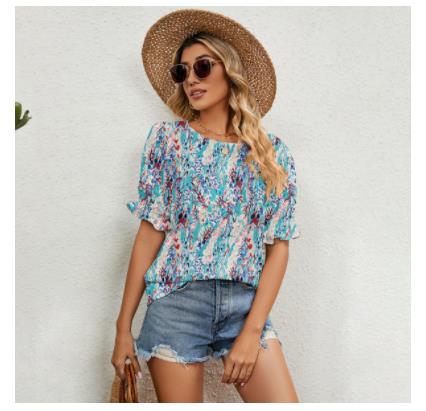 アマゾンサマーニューフラワートップメス2023ルーズアンドラウンドカラーTシャツ