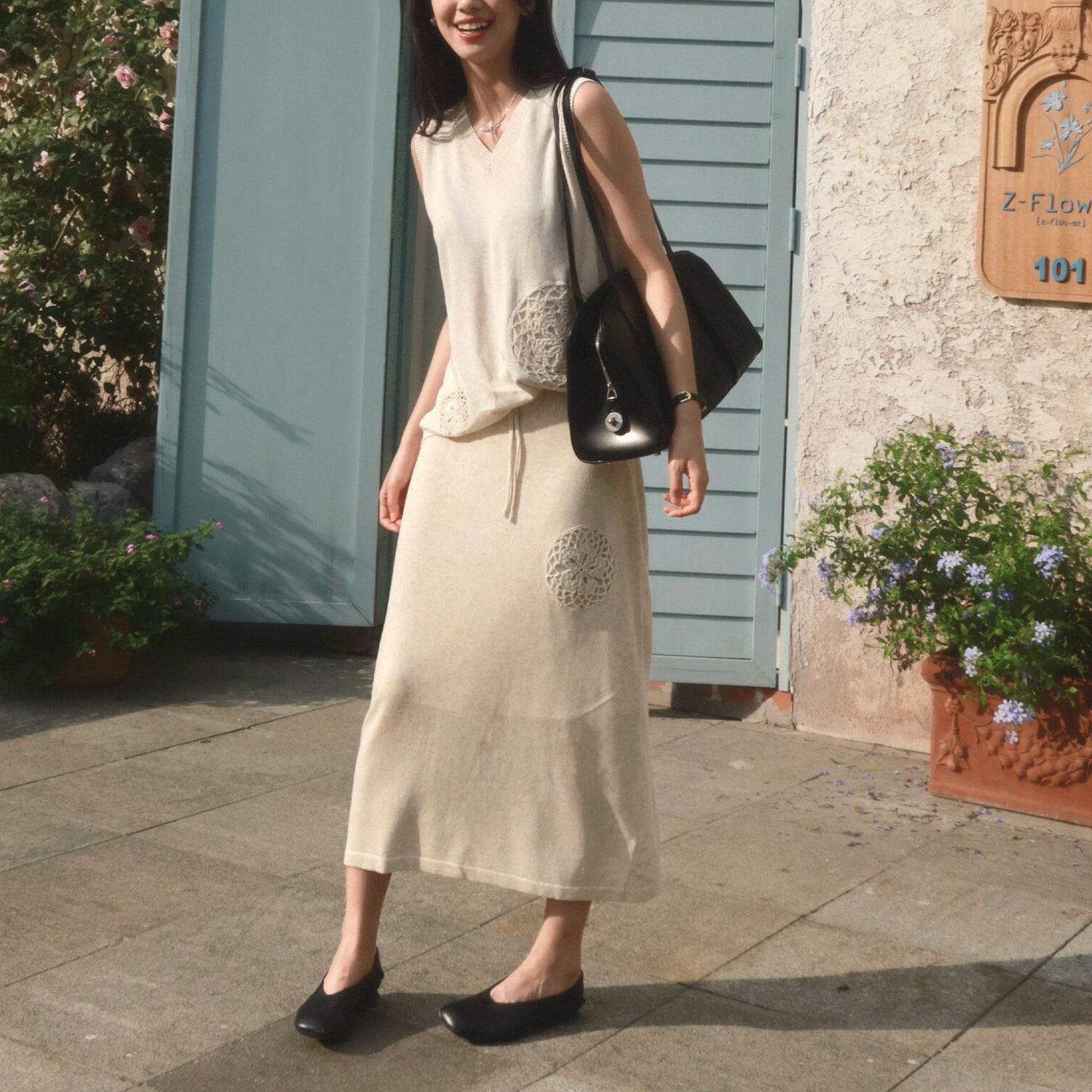 リネンベストスカートセット女性用2025年秋の新作ニットクロシェセット