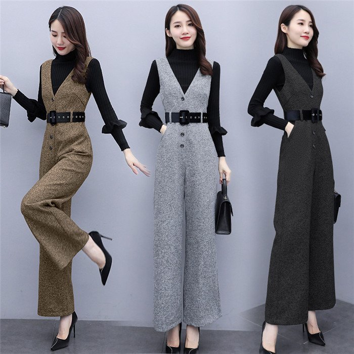 パンツセットアップ オールインワン サロペットパンツ ワイドパンツ レディース 秋 冬 パンツドレス ガウチョパンツ 2点セット ニットセーター ニットソー 通勤