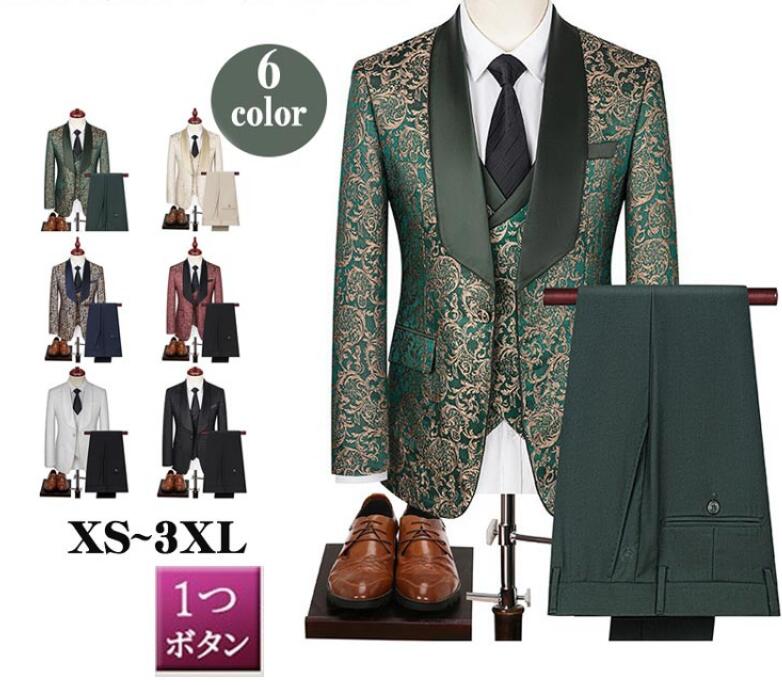 更新 全6色 メンズスーツ スリーピース1ツボタンスーツ 3点セットアップ 花柄 男性のブレザー ジャカード生地 オシャレメンズスーツ カジュアル スーツ セットアップ スタイリッシュ 細身 オー