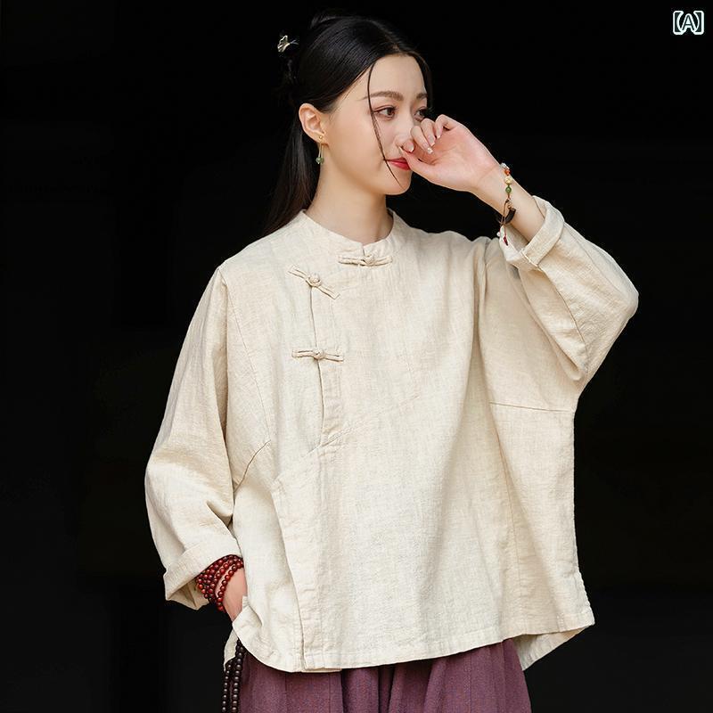 レディース　シャツ　トップス 瞑想服 レディース 2025 春秋 コットンリネン トップス 長袖 シャツ レトロ ボタン スタンドカラー 斜め ティー 服