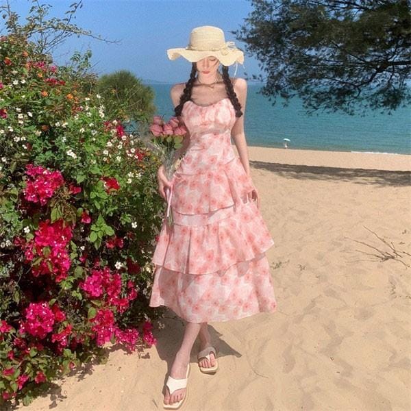 新作登場 花柄 ハイウエスト ネック セクシー ゆったり ロング丈 1779 リボン ワンピ 可愛い 25新型ワンピース 袖なし