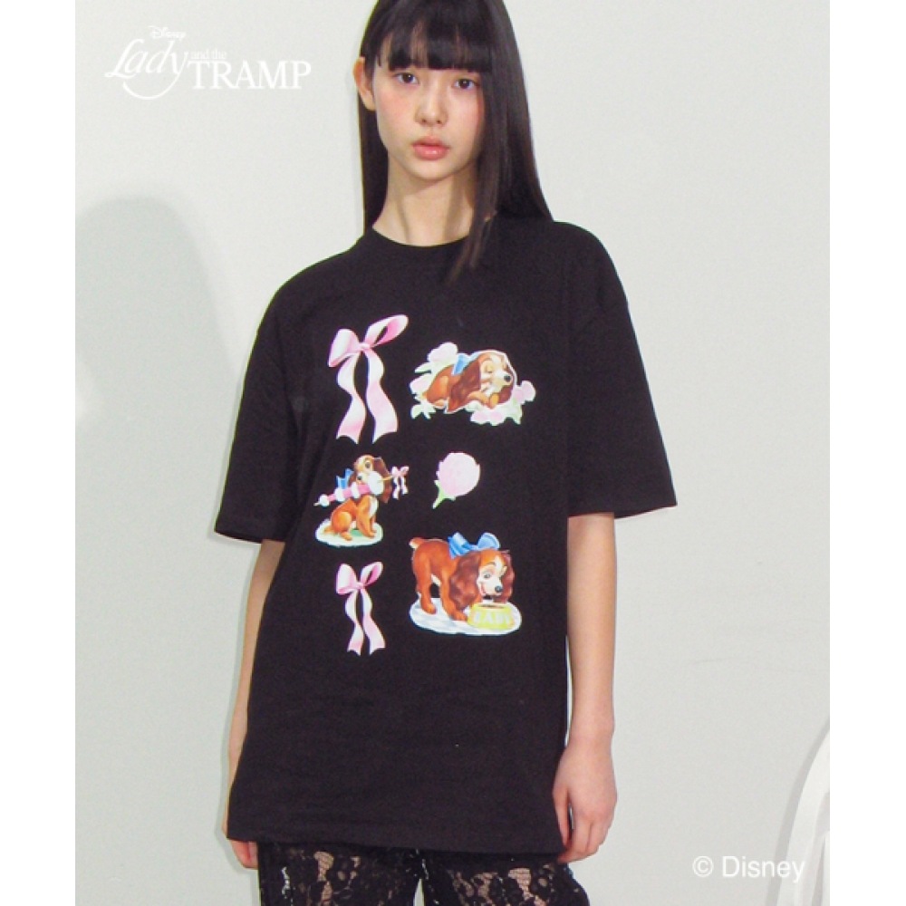 RONRON レディードッグマウントオーバーフィット Tシャツブラック