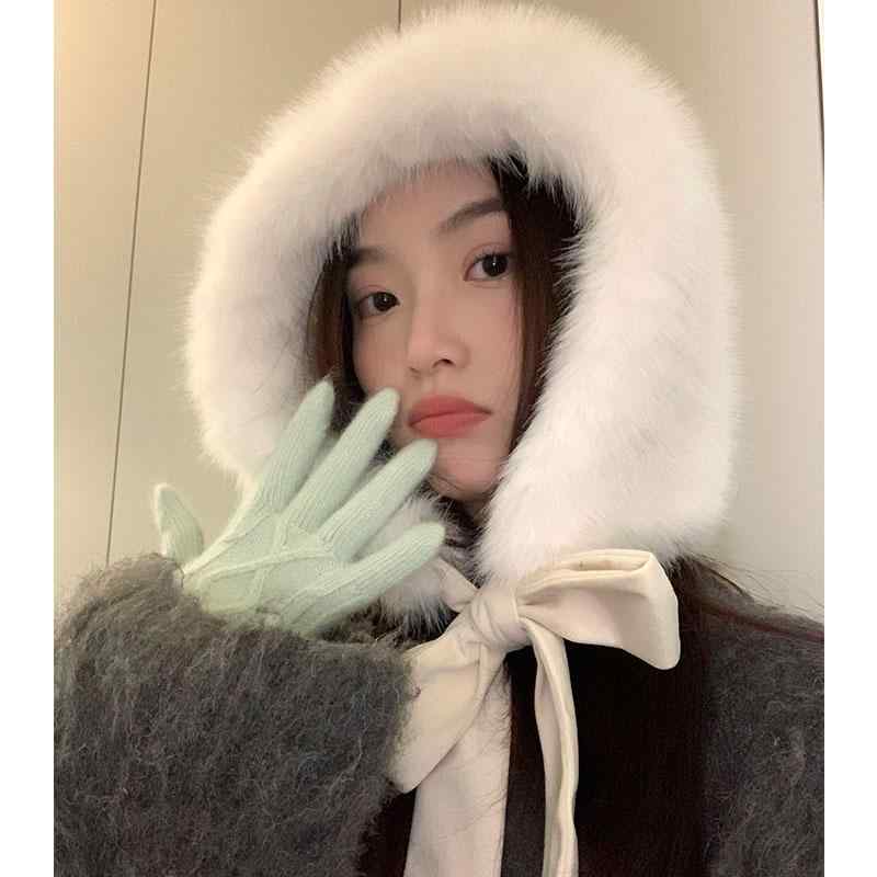 帽子 レディース 冬用 大きいサイズ 耳あて カバー 防寒 ファー 厚手 暖かい 普段使い サイクリング 韓国 小顔効果 リボン 結び かわいい アイボリー 赤 紫 バラクラバ