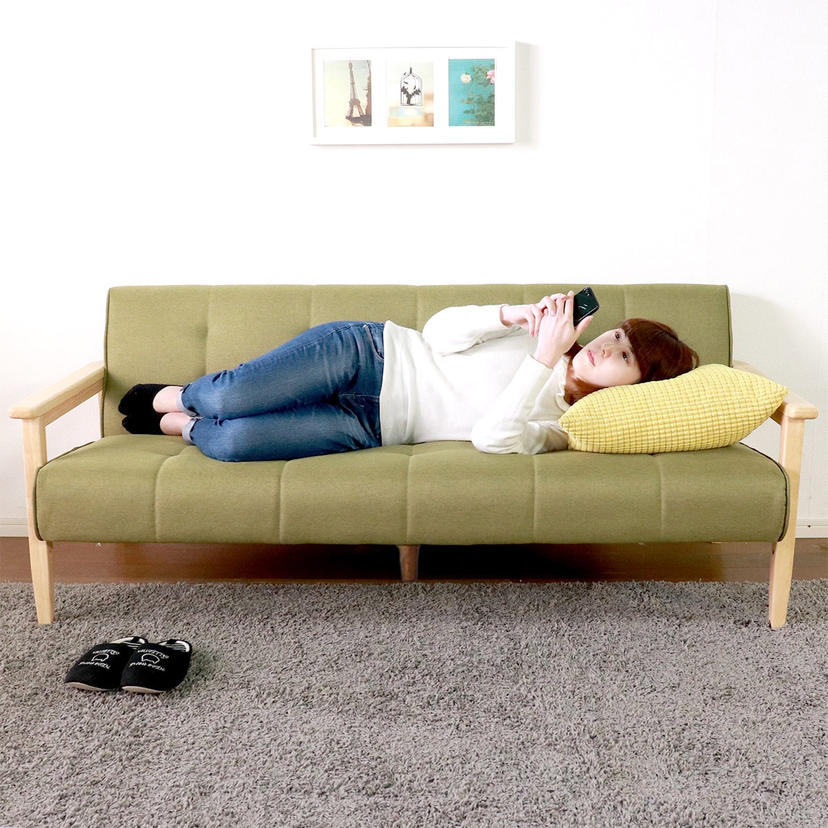 飽きのこない3人掛けソファ グリーン／ソファ 幅170cm 3人掛け 単品 ファブリック 天然木 木製 ラバー材