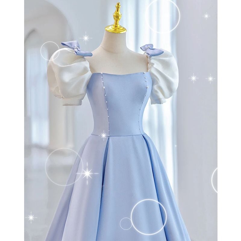 【1つ買うと10つ無料】女性のための青いドレス長いバンケットの気質サテン学生誕生日ギフトドレス